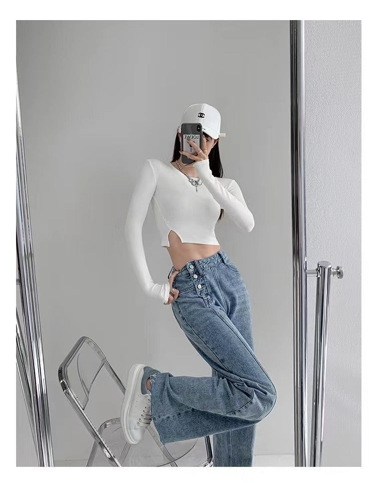 Irregular Breasted High Waist Jeans