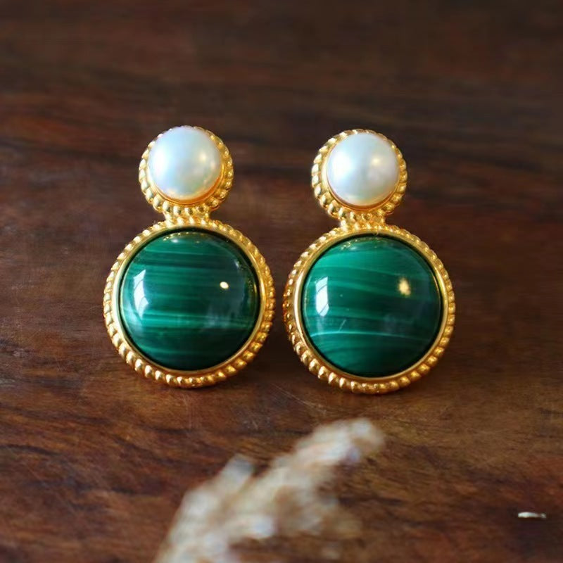 Green Malachite Pearl Stud Earrings