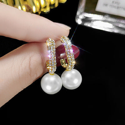 Diamond C- Shaped Pearl Earrings