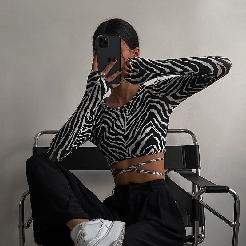 Striped Print Lace-up Short Tops