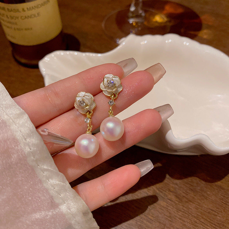 Camellia Pearl Flower Stud Earrings