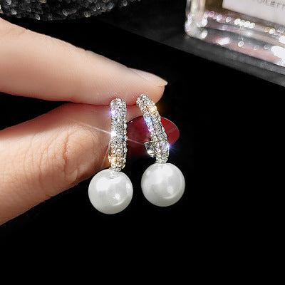 Diamond C- Shaped Pearl Earrings