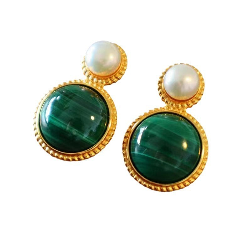 Green Malachite Pearl Stud Earrings